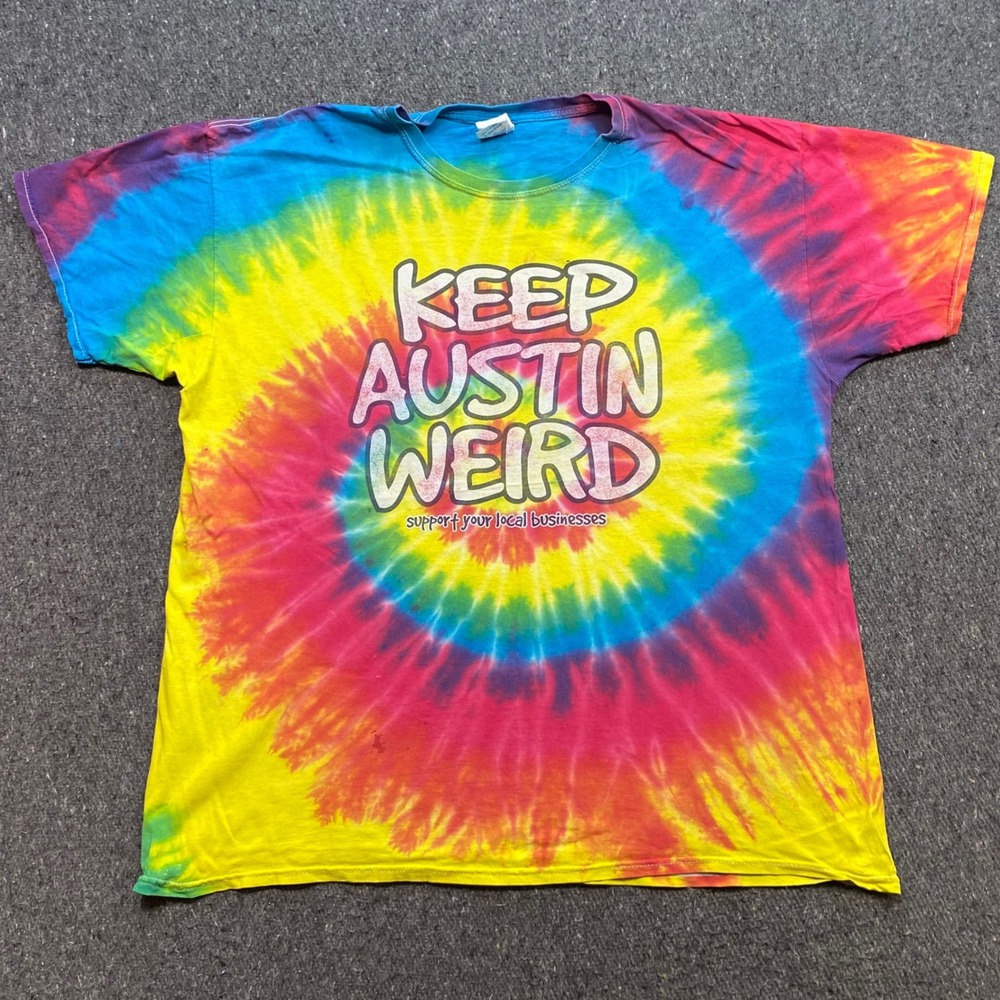 Colortone Keep Austin Weird TShirt Sz XL Mens Rainbow Tie Dye Skater Boho Spiral